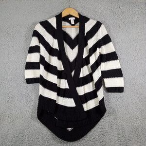Chicos Open Cardigan Sweater Womens M Black White 3/4 Sleeves Open Knit Striped